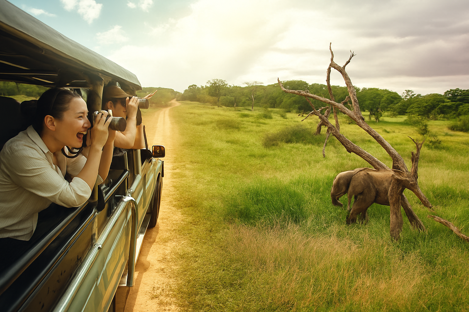 Safari vehicle viewing wildlife at sunset in Uganda
