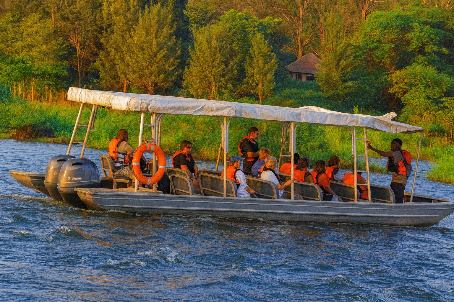 Tourists enjoying a canopy boat cruise on the Nile River